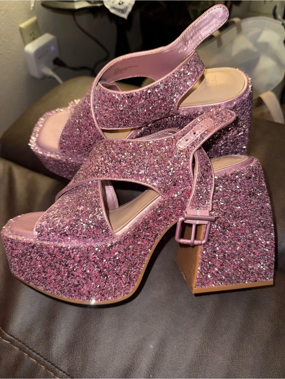 Pink Glitter Platform Sandals - Women's Slingback Heels